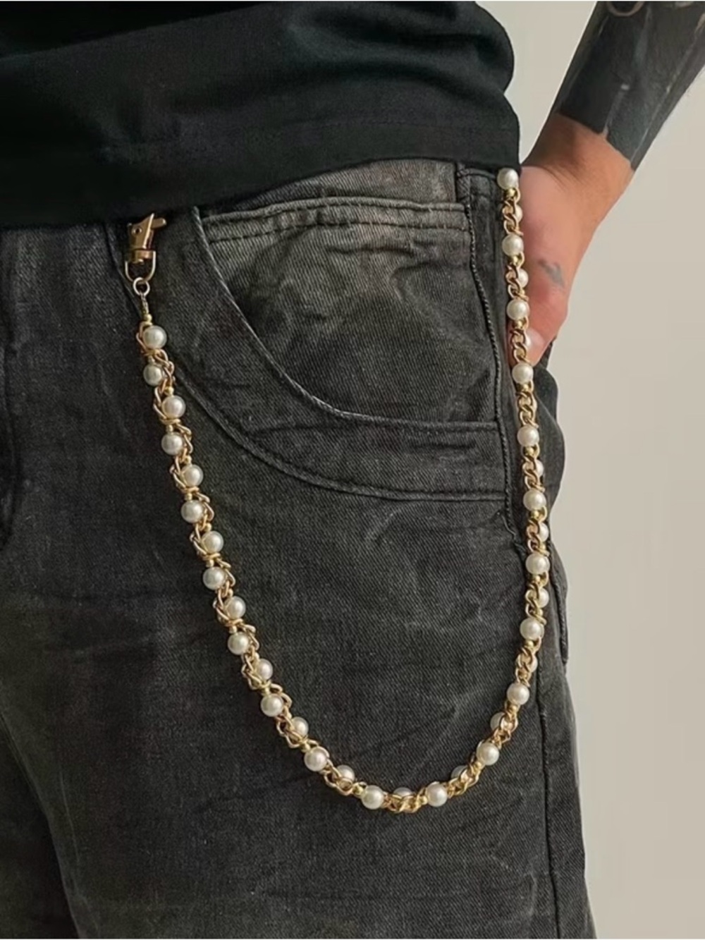 Gold and Pearl Men’s Chain Wallet Necklace - Designer Style